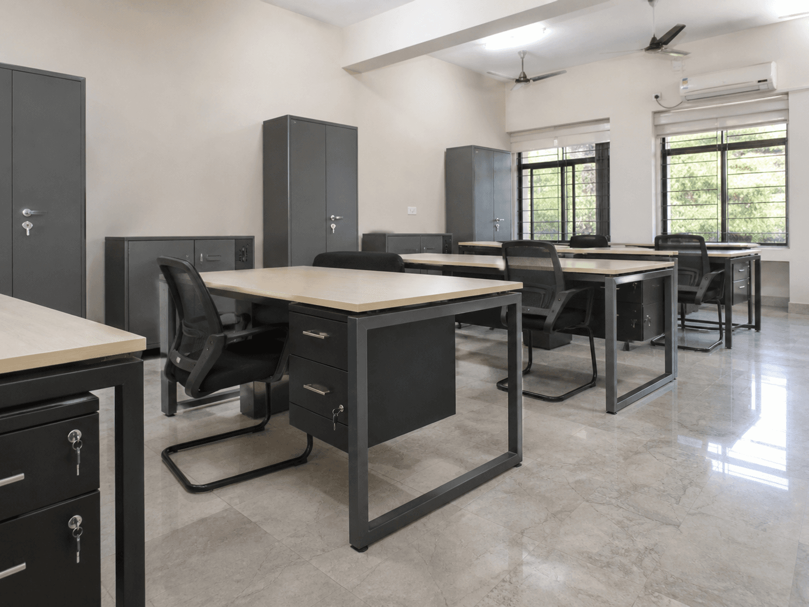 Metal-frame campus admin desks