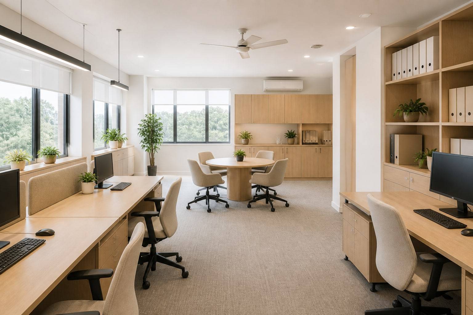 Bright admin office with pale oak workstations, filing, and a small meeting table