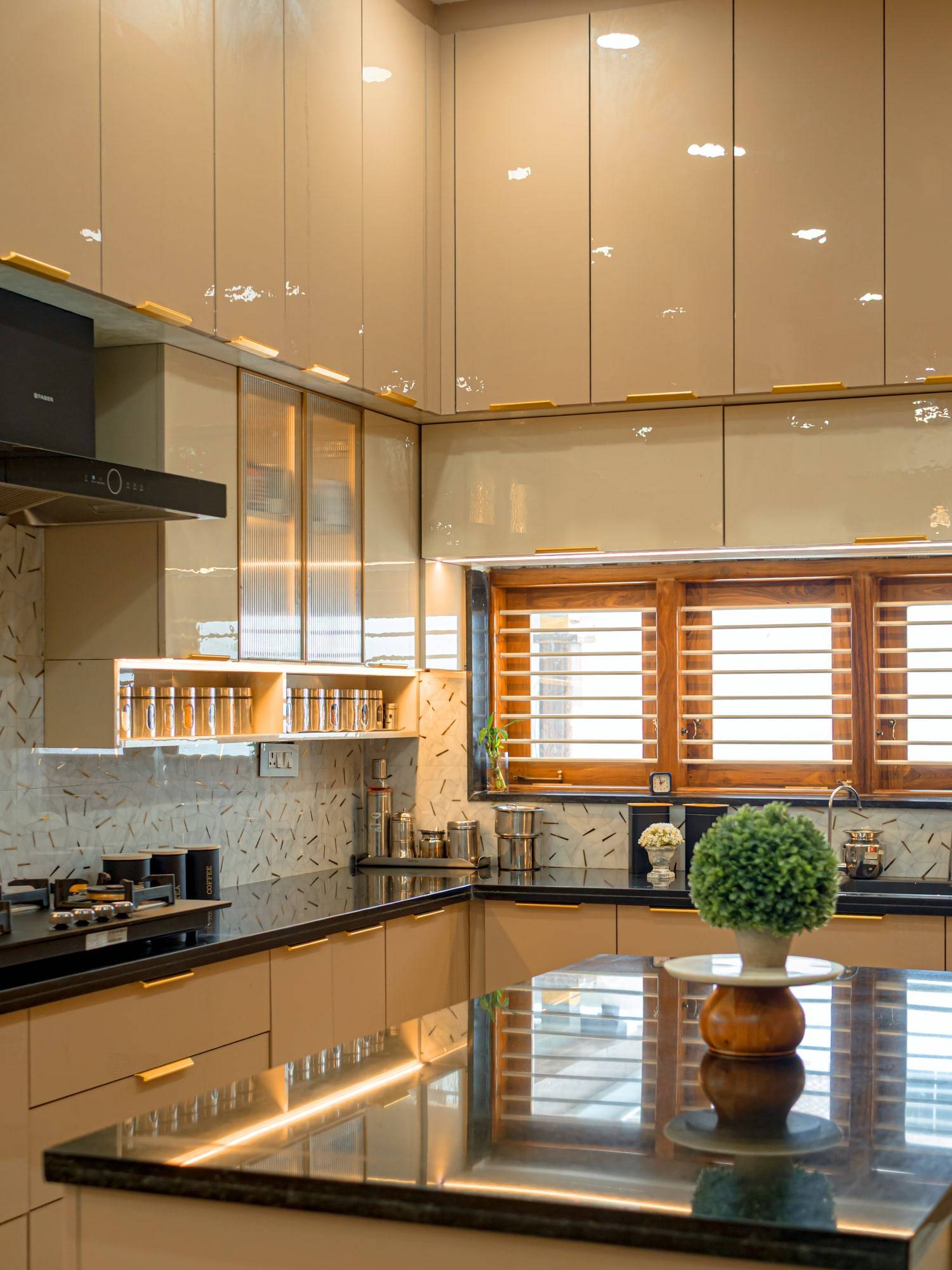 Modular kitchen wall cabinets with under-cabinet LED profile lighting