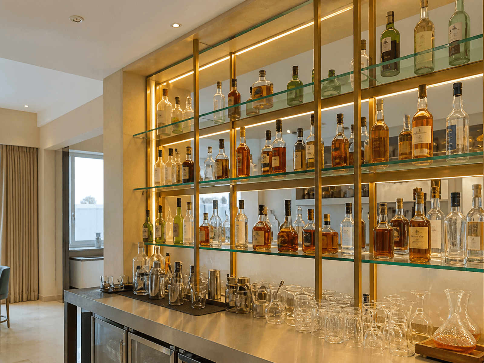 Lit glass back-bar in a daytime lounge