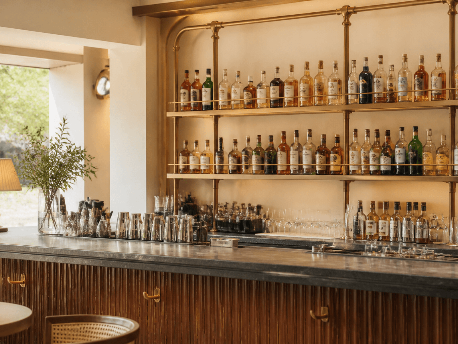 Bar bottle display with warm metal rails