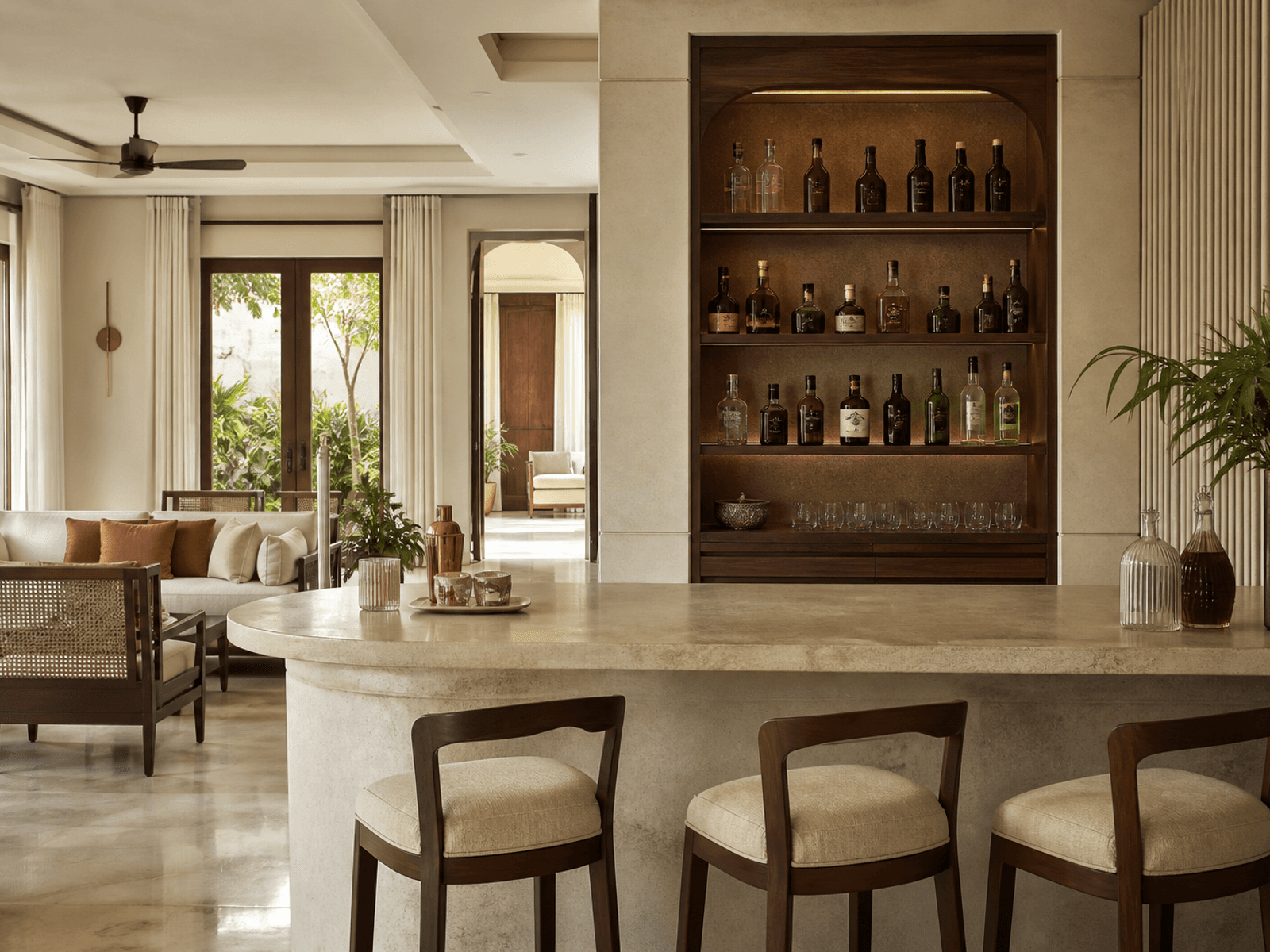 Stone bar counter in a bright lounge