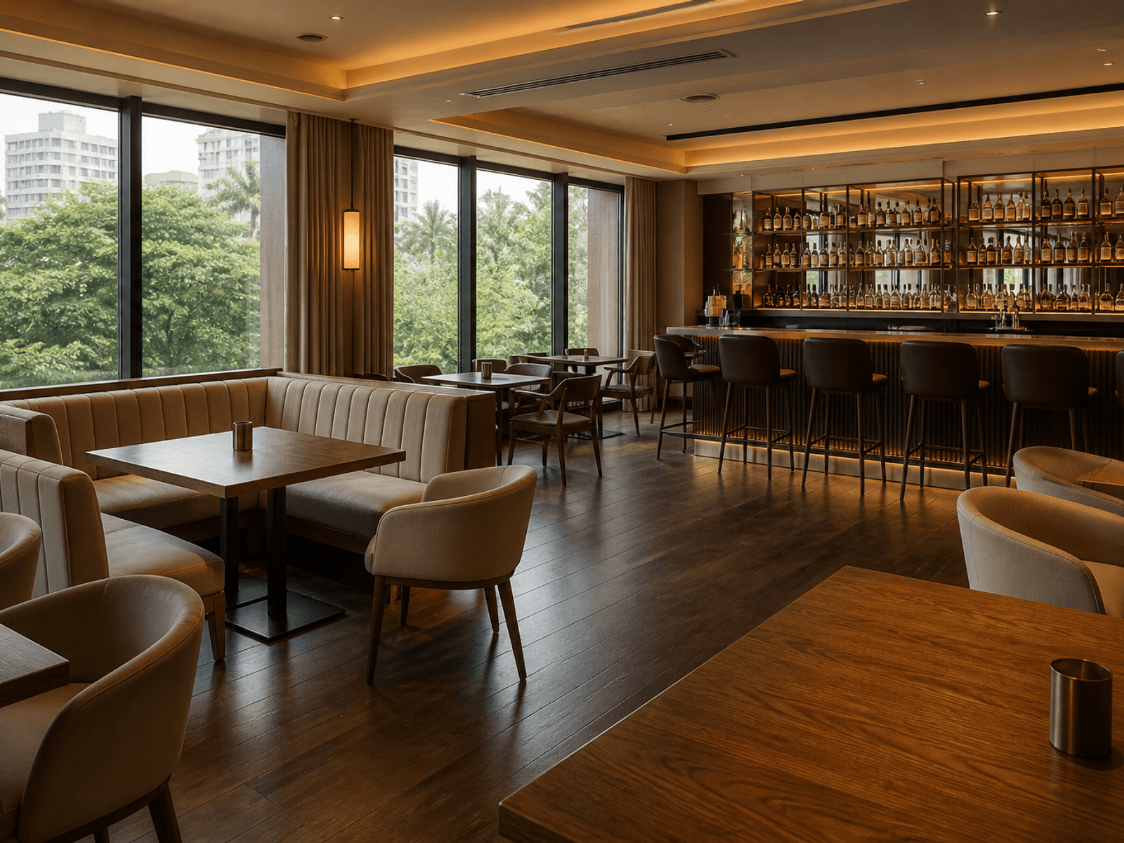 Oak lounge tables in a bright bar