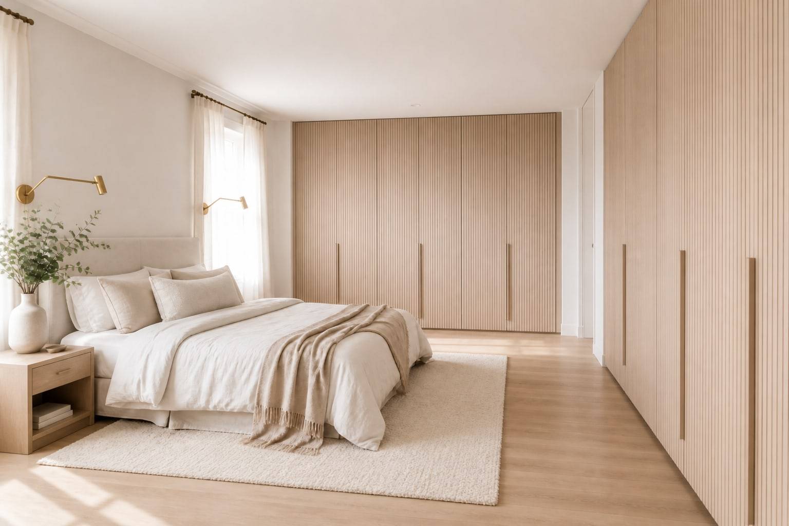 Bedroom corner with a pale-oak nightstand and brass reading lamp