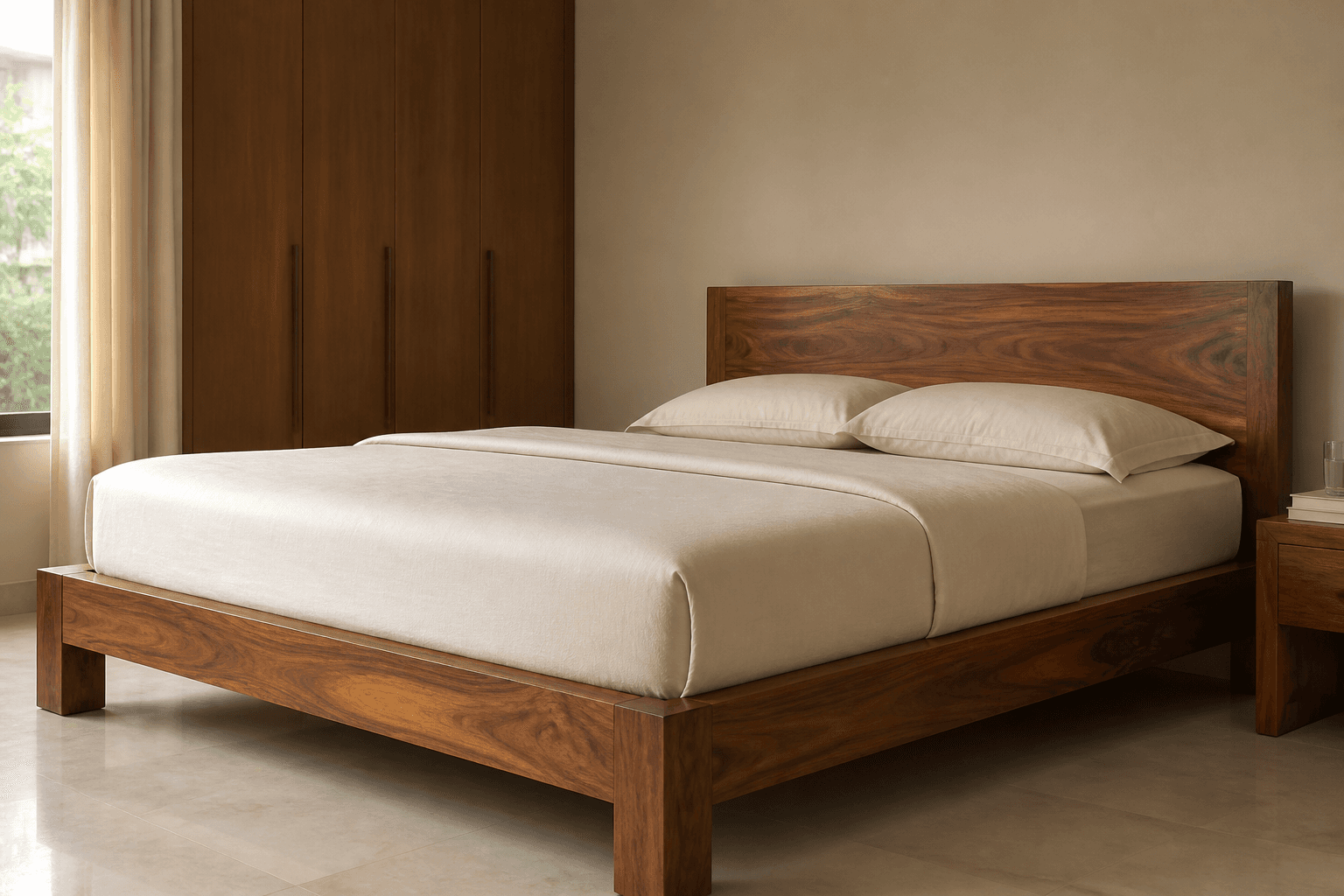 Solid hardwood bed in a bedroom