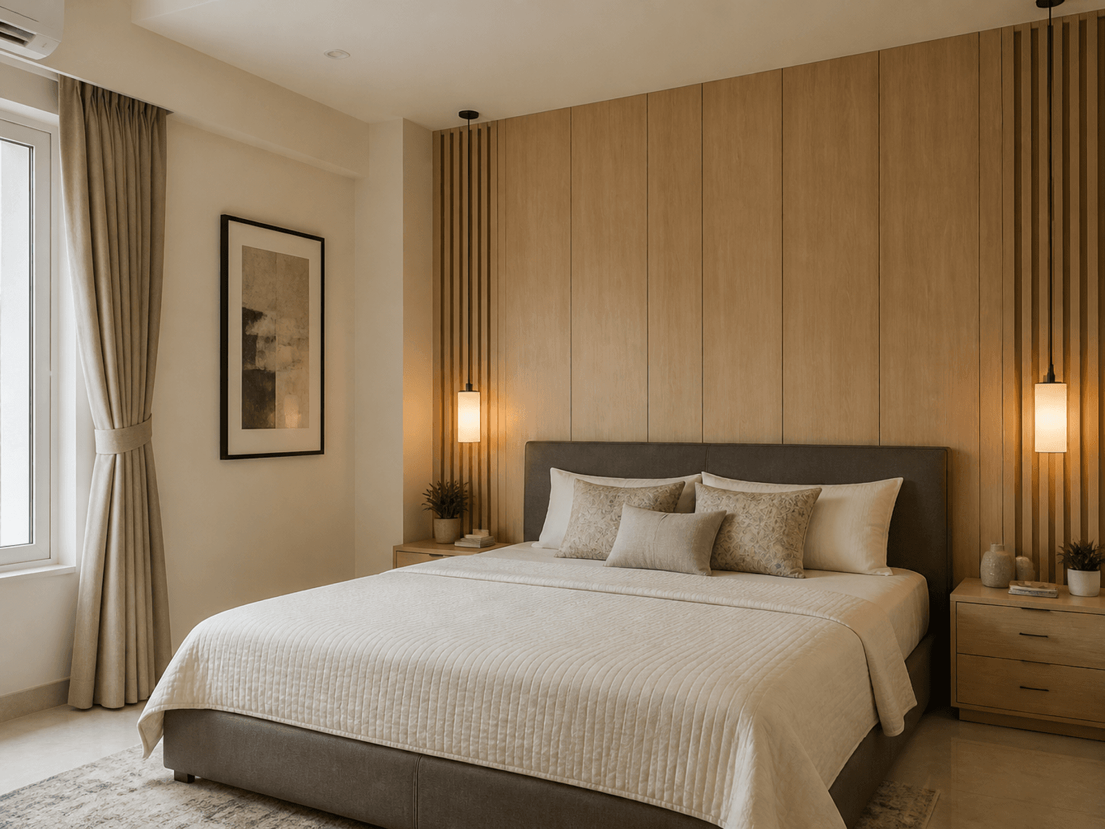Bedroom wall panelling behind a bed