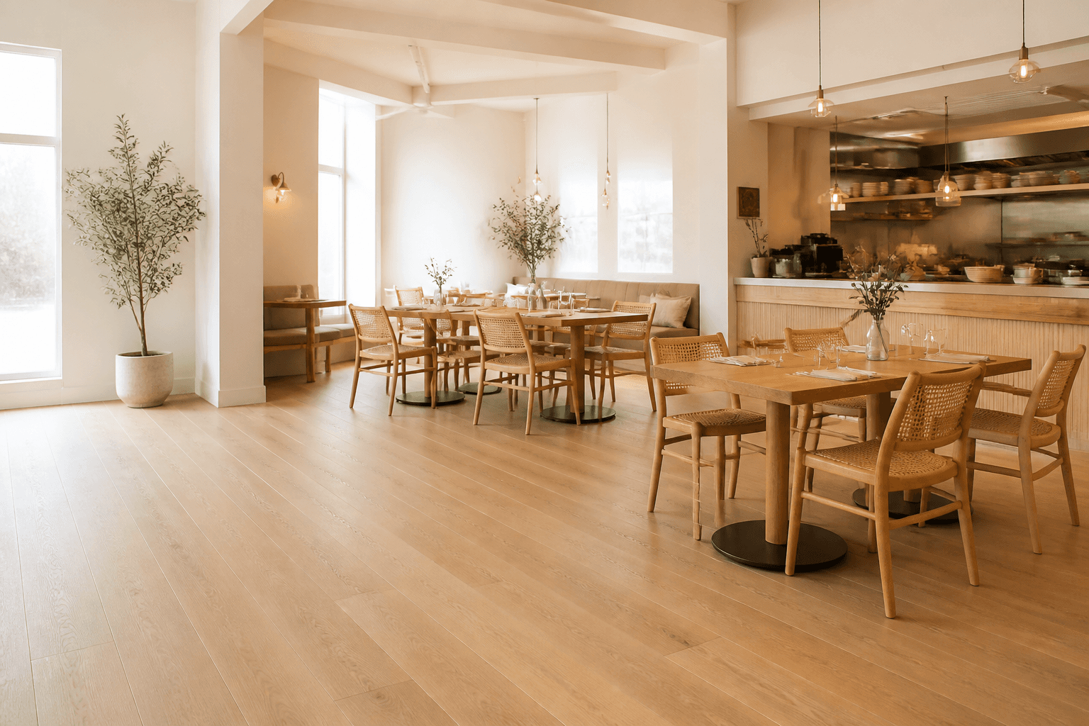 Café dining room with tables and the pass held to the right