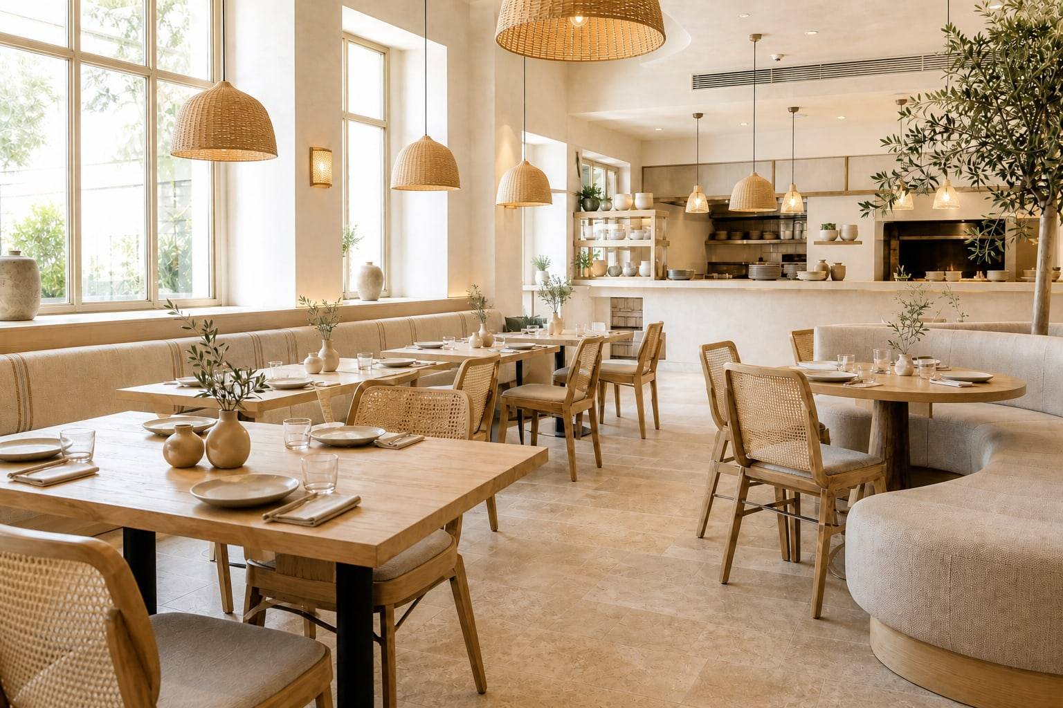 Bright café dining room with pale oak tables, cane chairs, and an open kitchen beyond