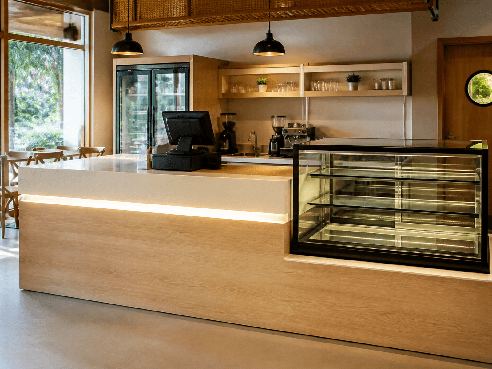 Café service counter in hospitality laminate