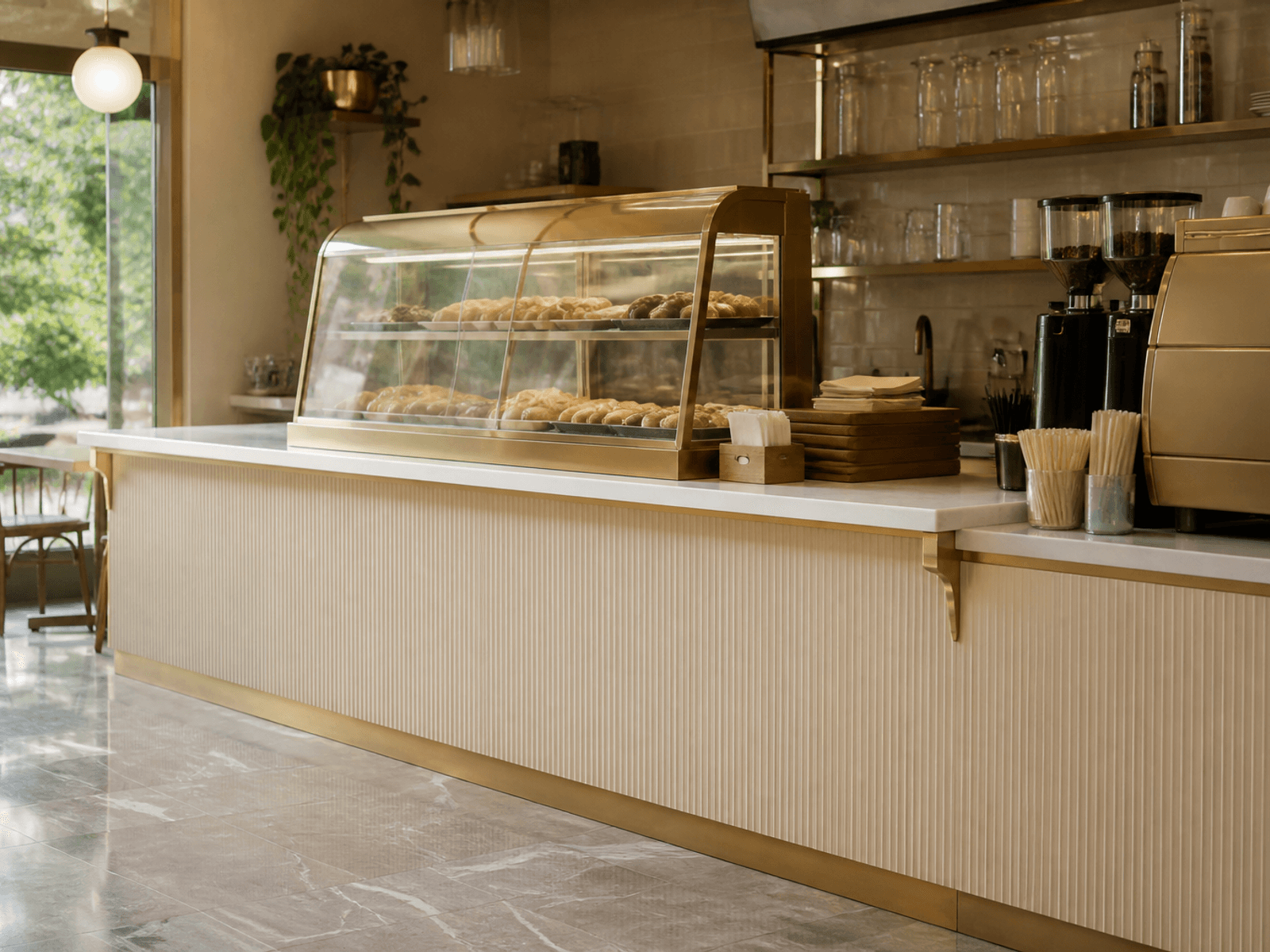 Café counter with warm metal trim