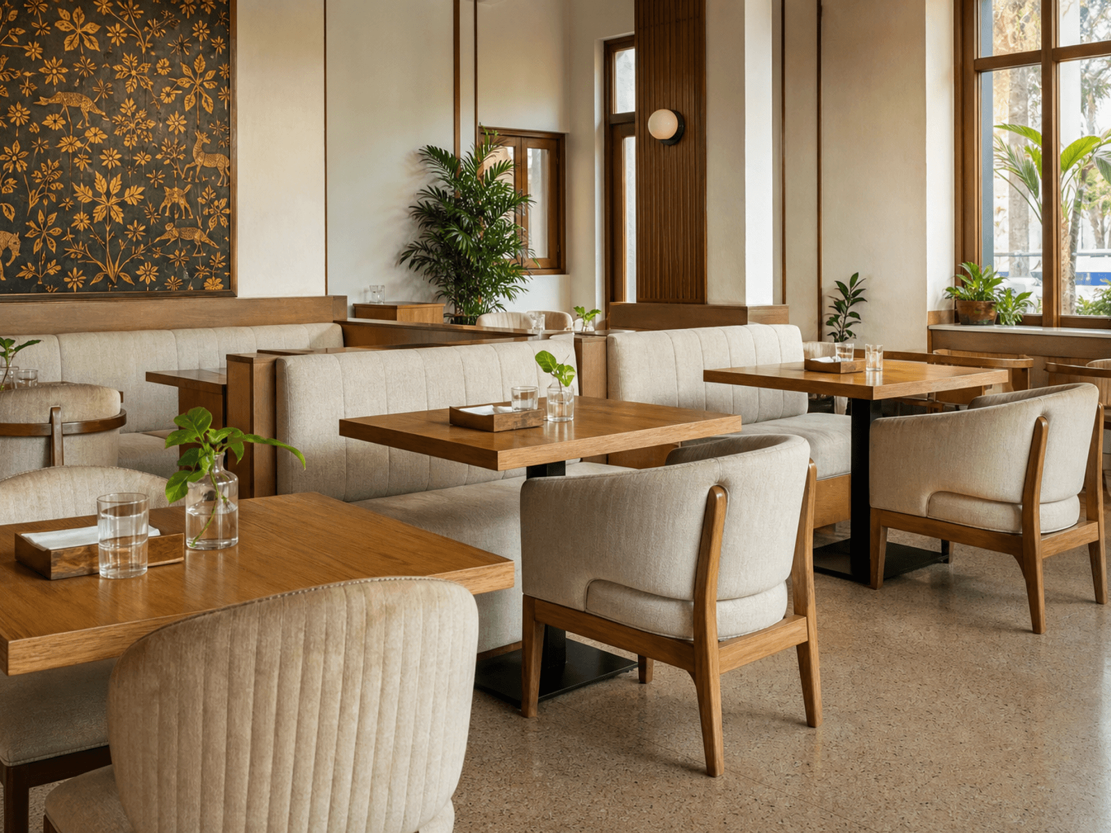 Café banquettes in hospitality upholstery