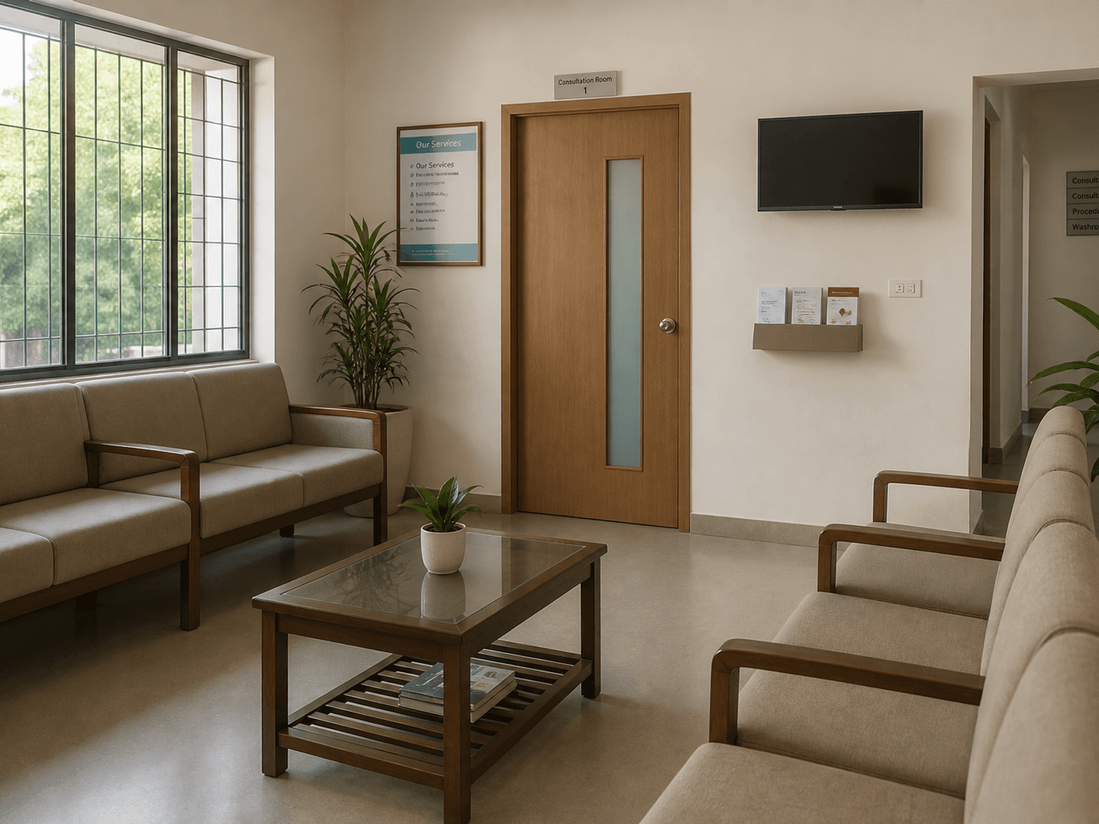 Clinic waiting area with calm fabrics