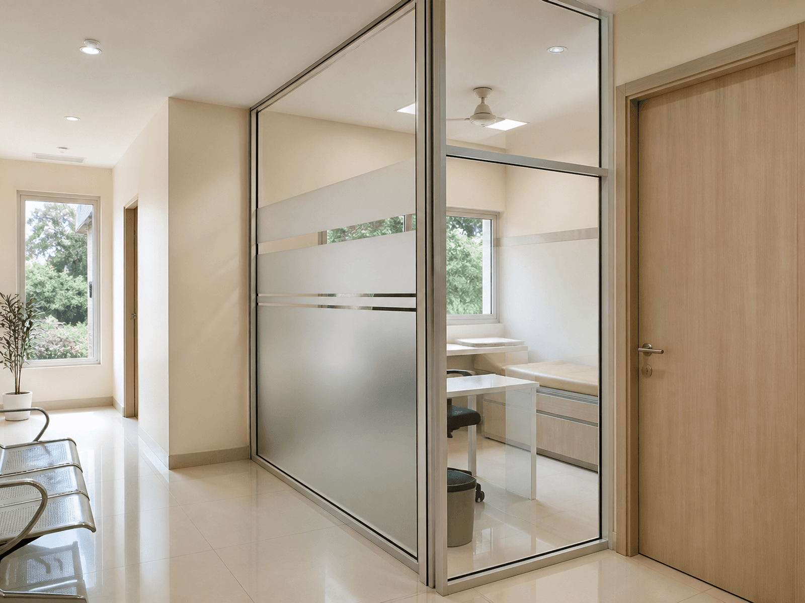 Clinic glass partition to a consult room