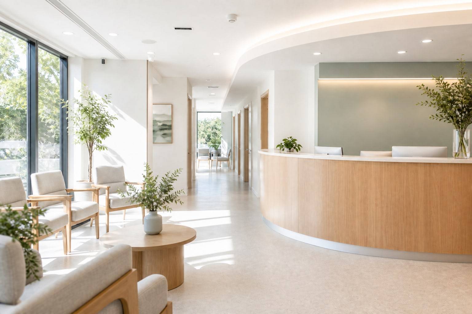 Bright clinic reception with a curved oak desk and a cream waiting area