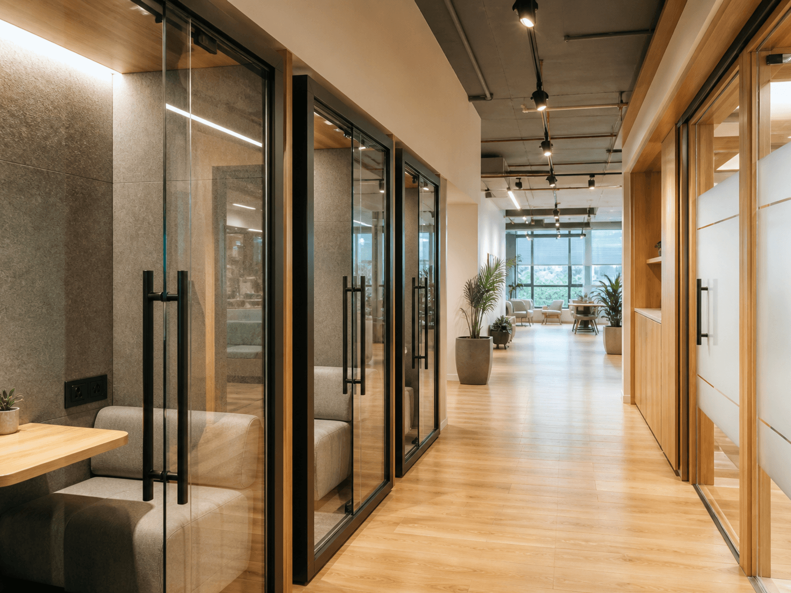 Glass phone pods in a coworking centre