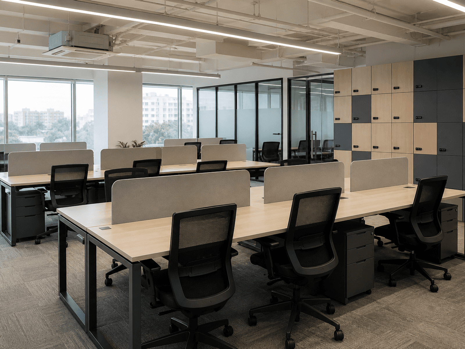 Metal-frame coworking desks and lockers