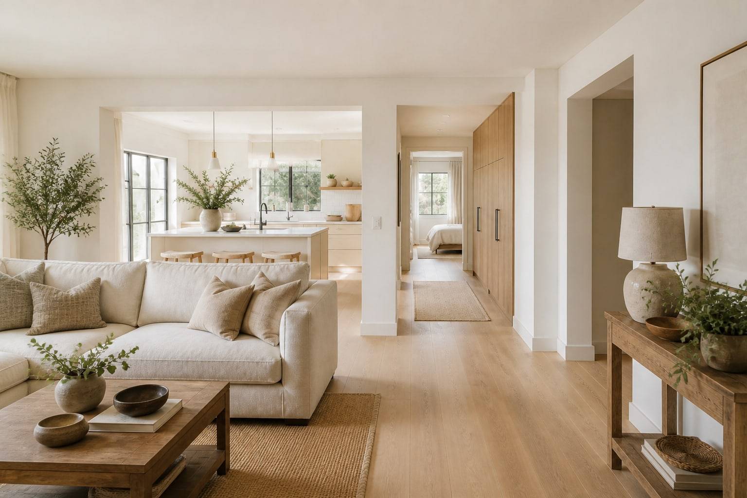 Full-home interior with living, kitchen opening, and a hallway of tall oak wardrobes