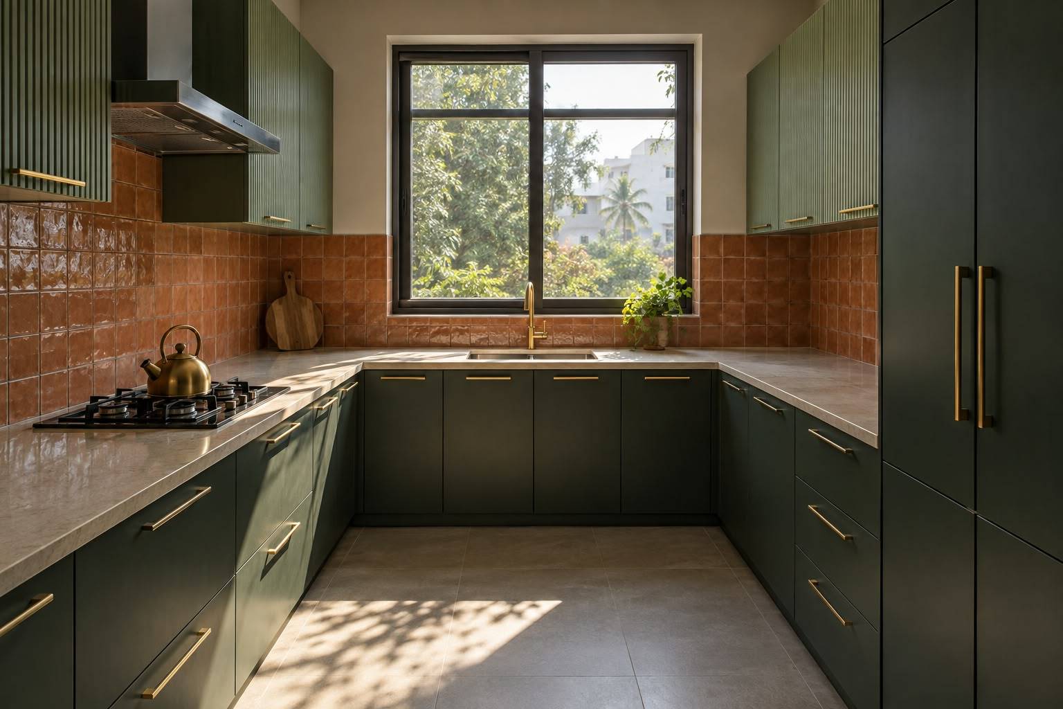 U-shaped kitchen with forest green cabinets, terracotta tile splash, and a garden window
