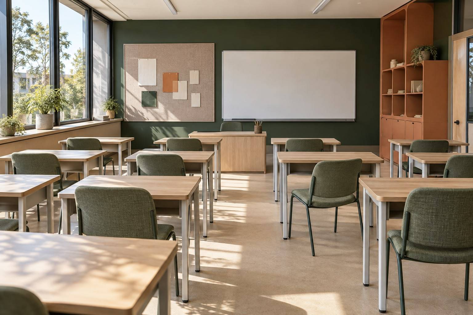 Classroom with light wood desks, green chairs, and a whiteboard on a forest green wall