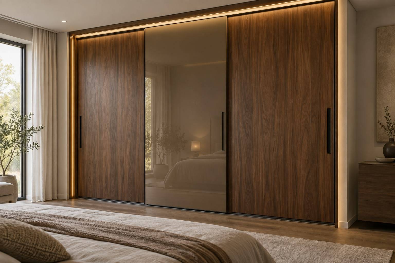 Walnut sliding wardrobe with a mirrored center panel and warm cove lighting
