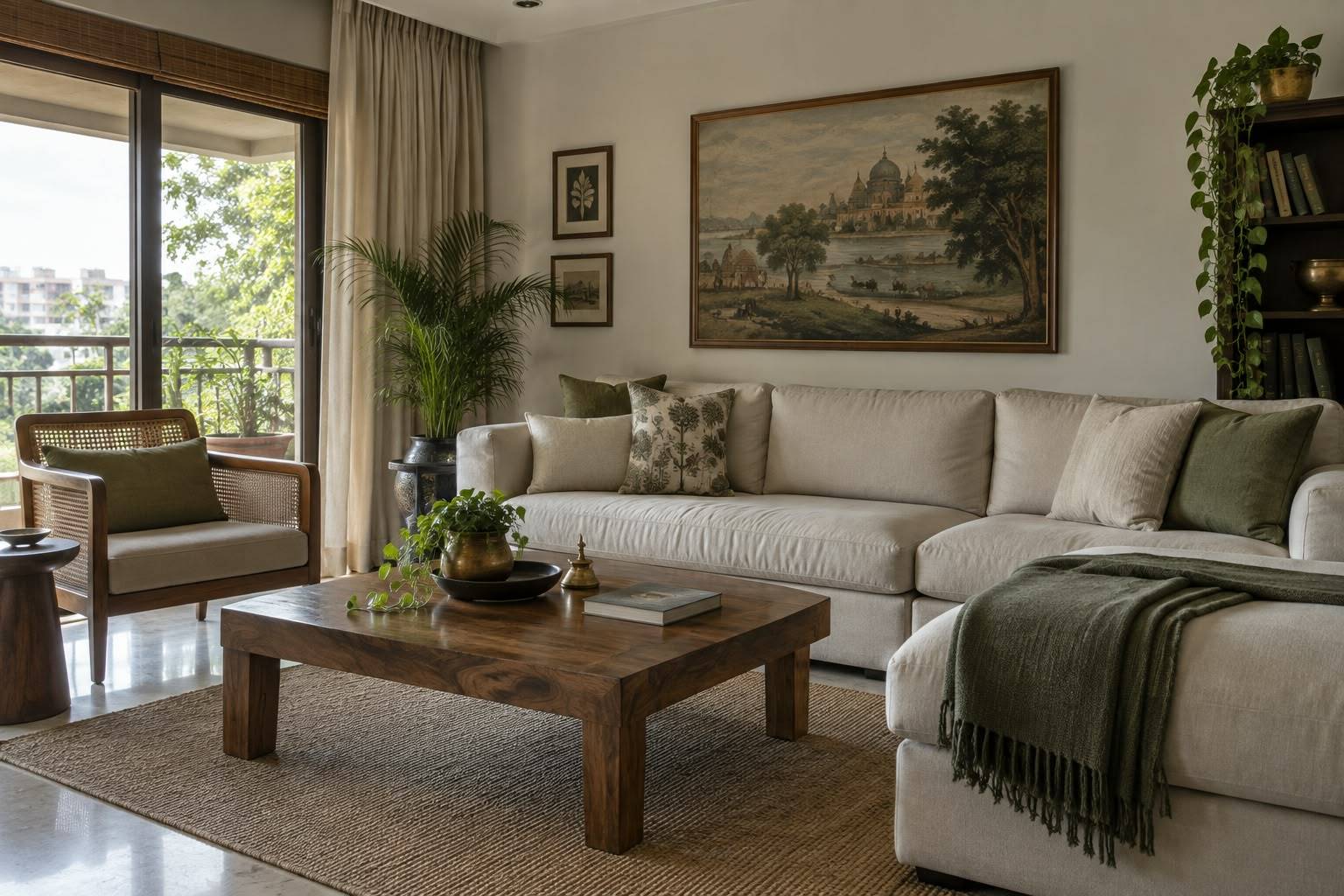 Living room with a cream sectional, cane armchair, and a landscape painting