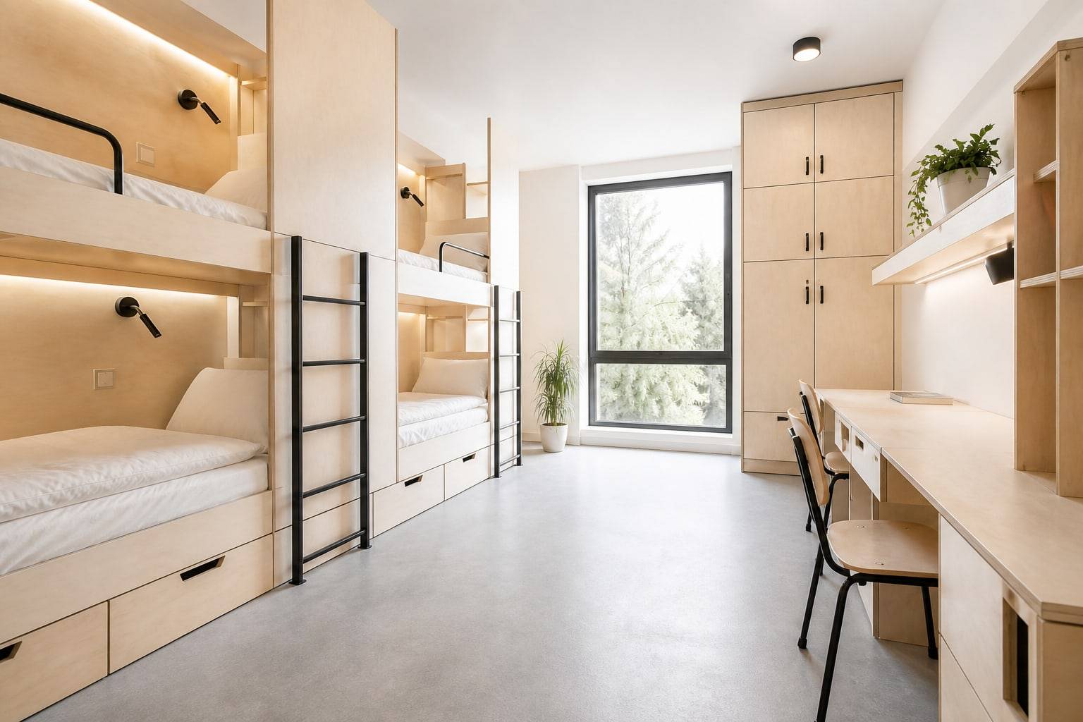 Built-in pale-birch bunk beds with ladders and drawers
