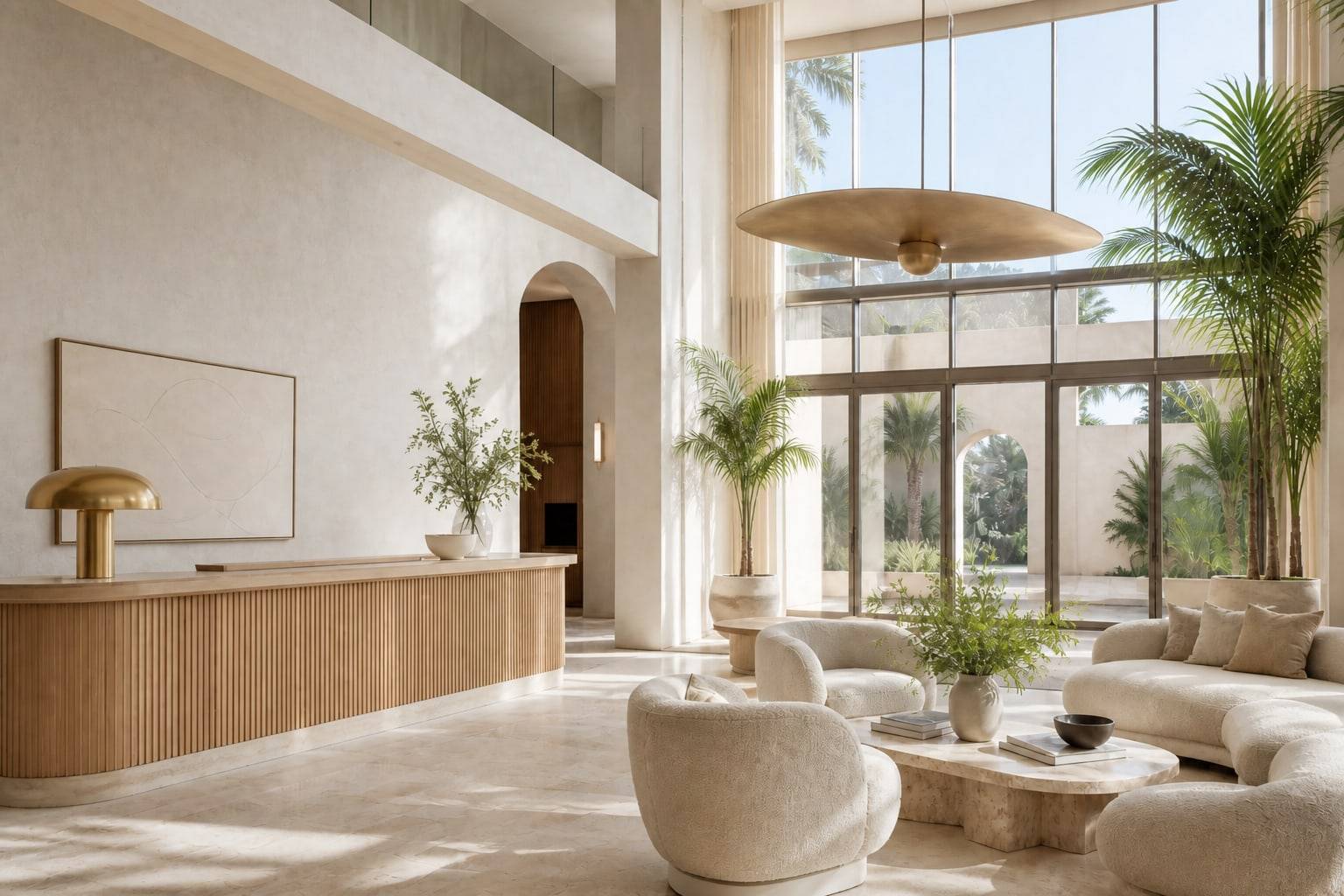 Bright boutique hotel lobby with cream lounge seating and an oak reception desk
