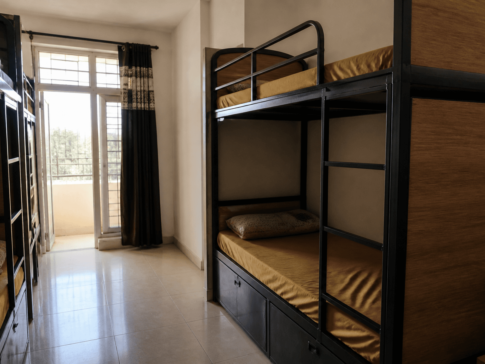 Metal-frame hostel bunk beds