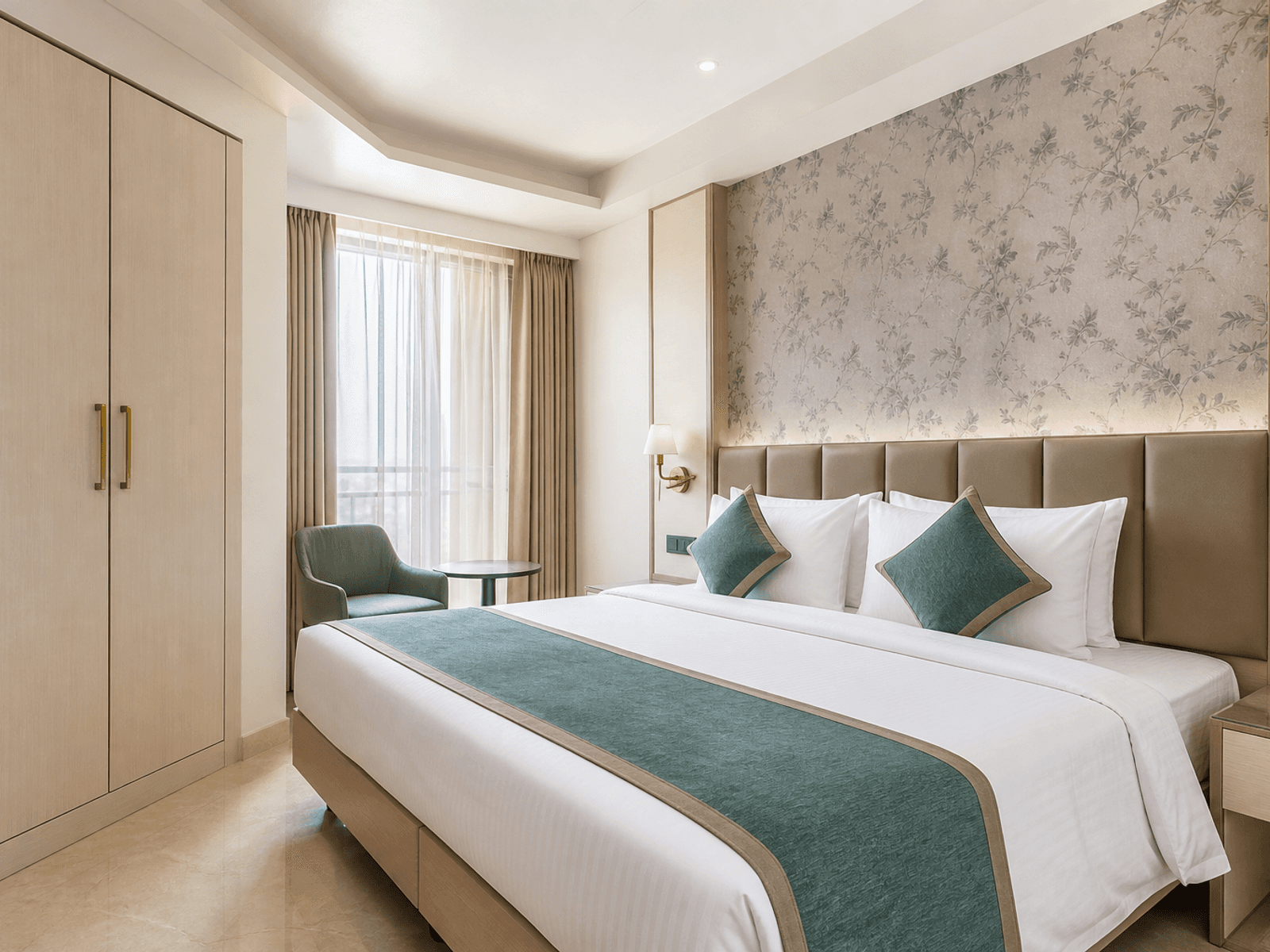 Hotel guest room with warm metal hardware