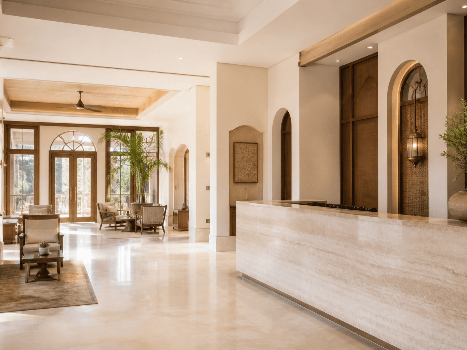 Hotel lobby stone reception counter
