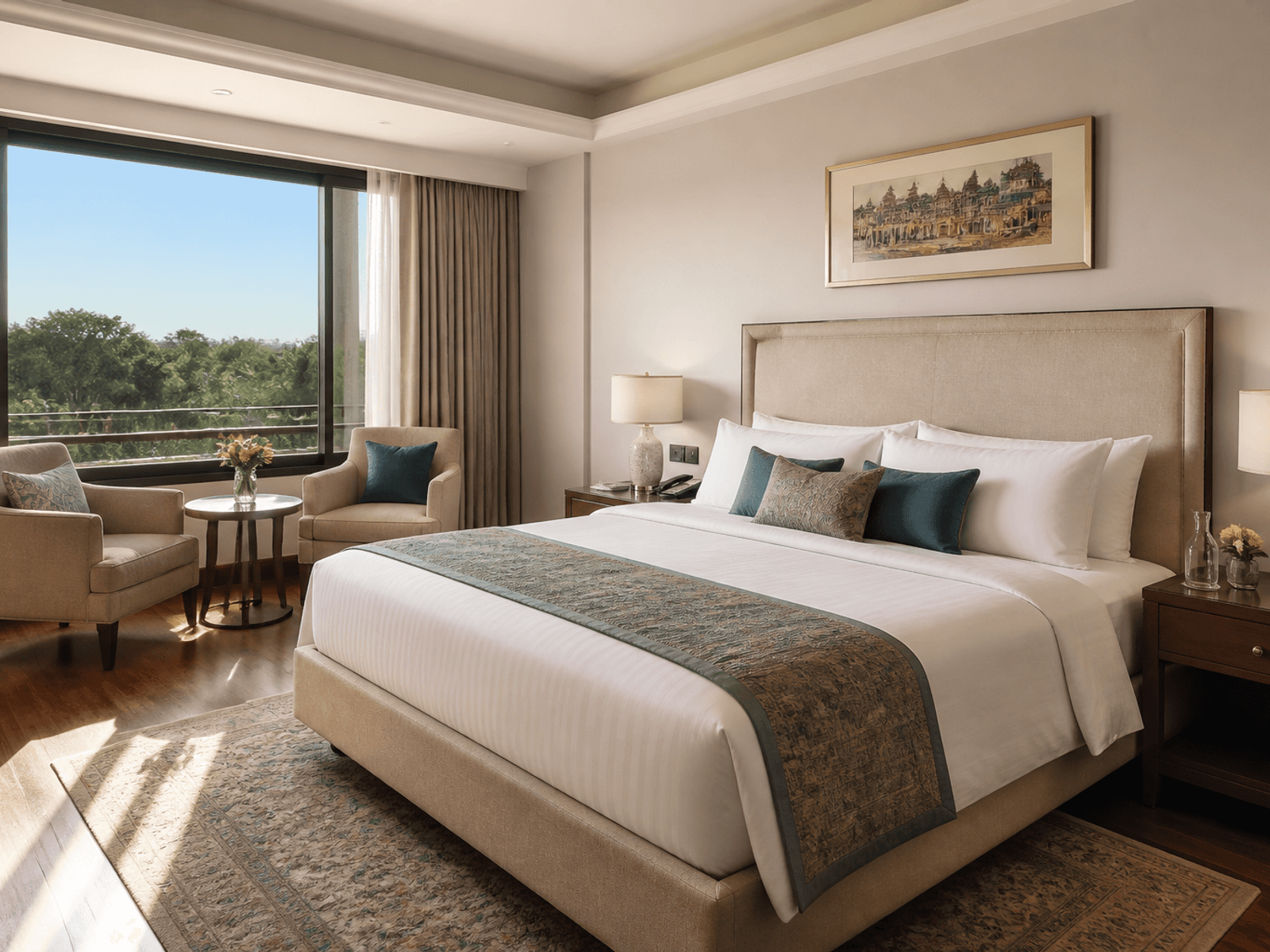 Hotel room upholstered headboard