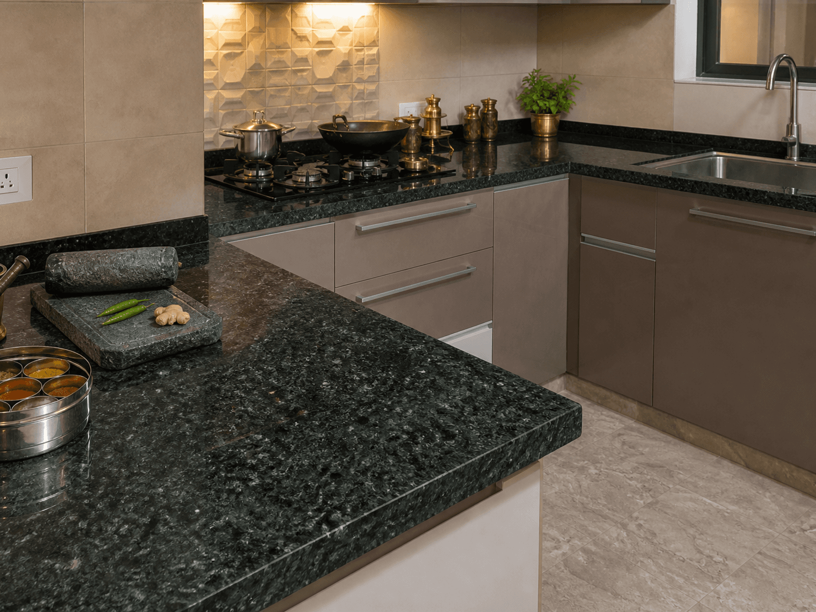 Granite kitchen counter in a modular kitchen