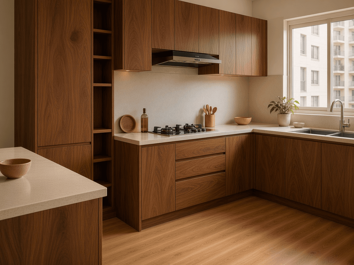 Hardwood kitchen joinery and open shelves