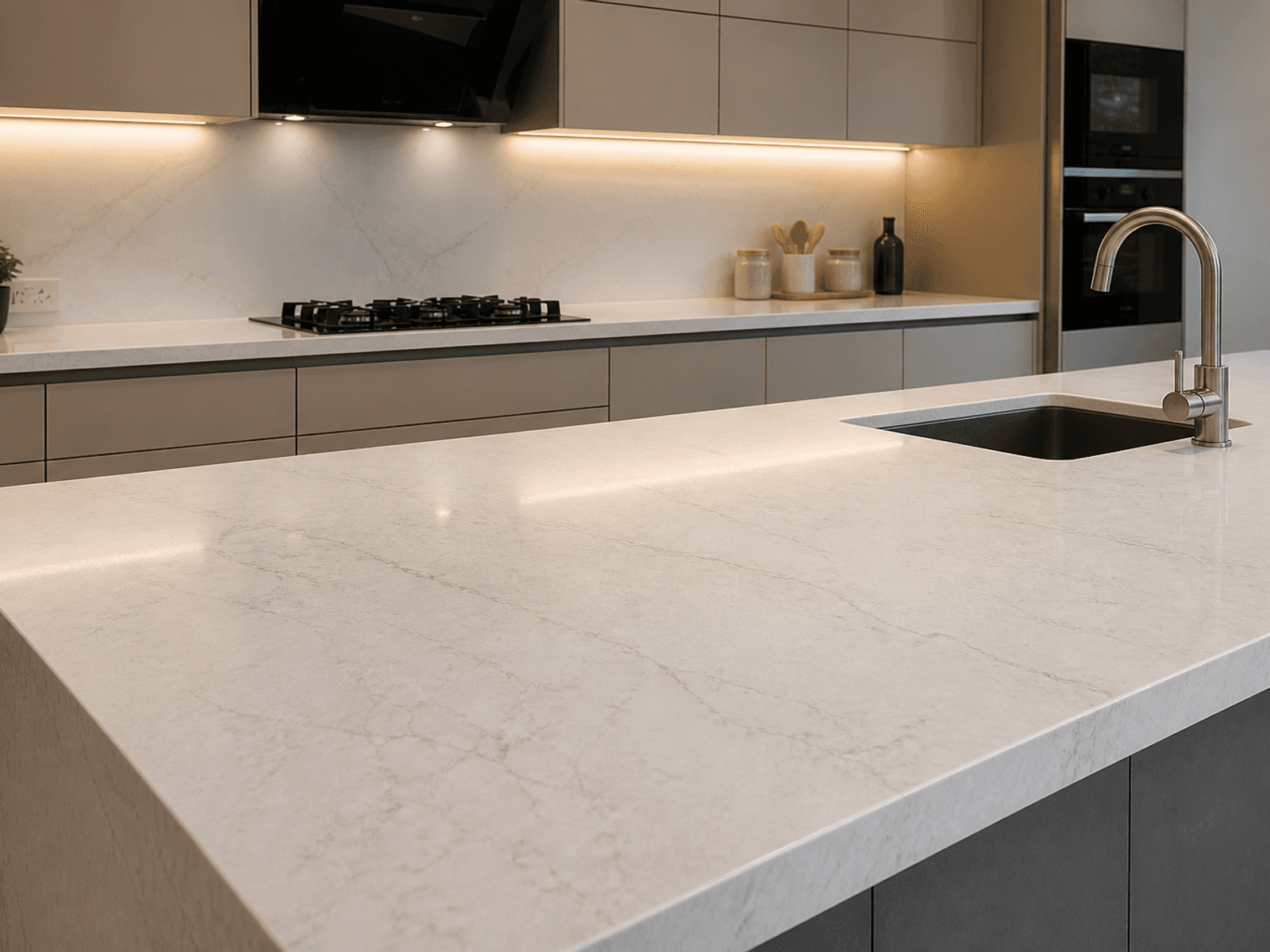Quartz kitchen counter with modular cabinets