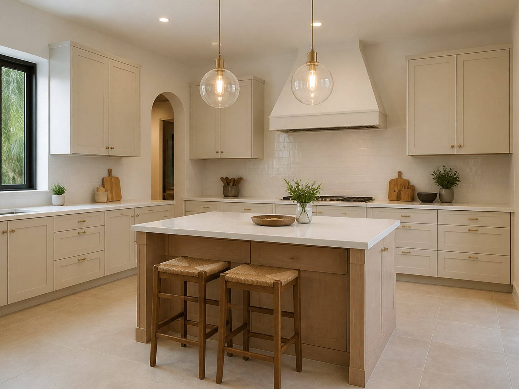 Island kitchen with pale oak and cream cabinets