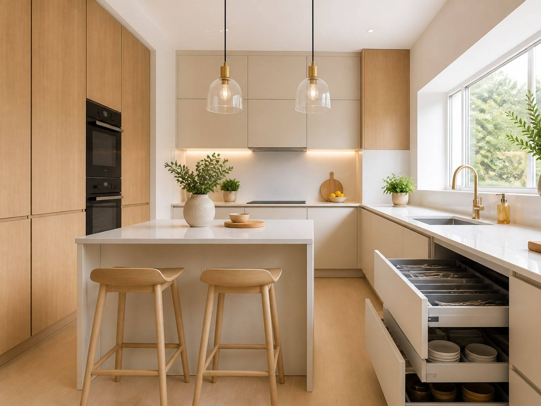 L-shaped kitchen interiors by Space Solutions