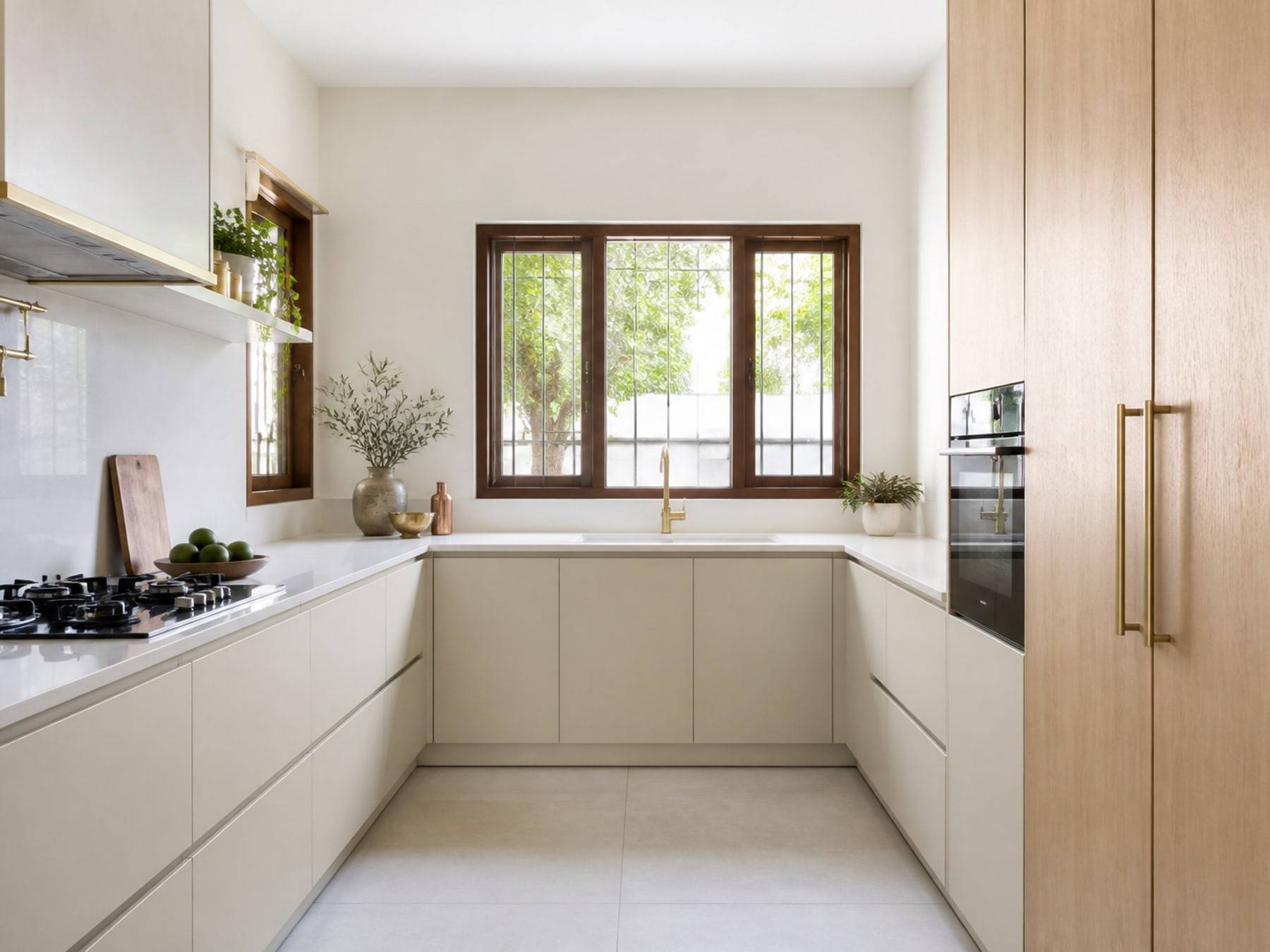 U-shaped modular kitchen with tall storage