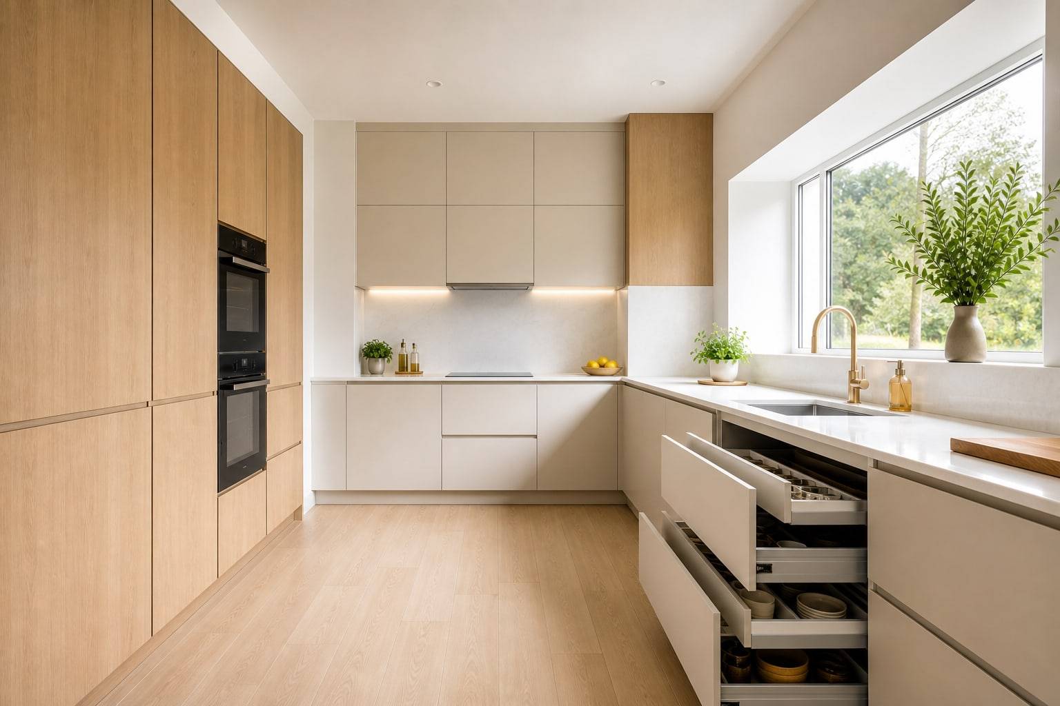 Oak tall units and integrated ovens in a light modular kitchen
