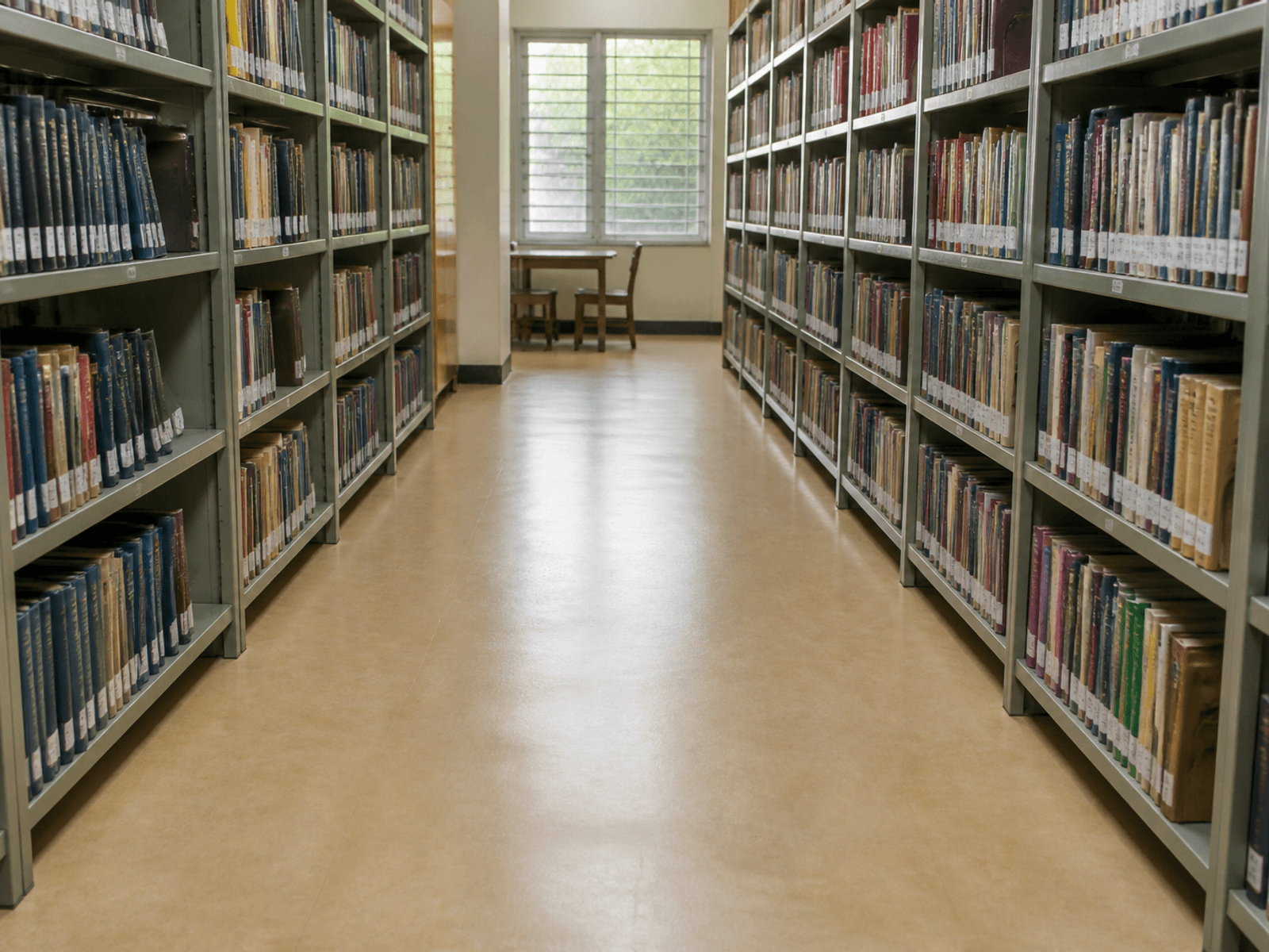 Library aisle with vinyl flooring