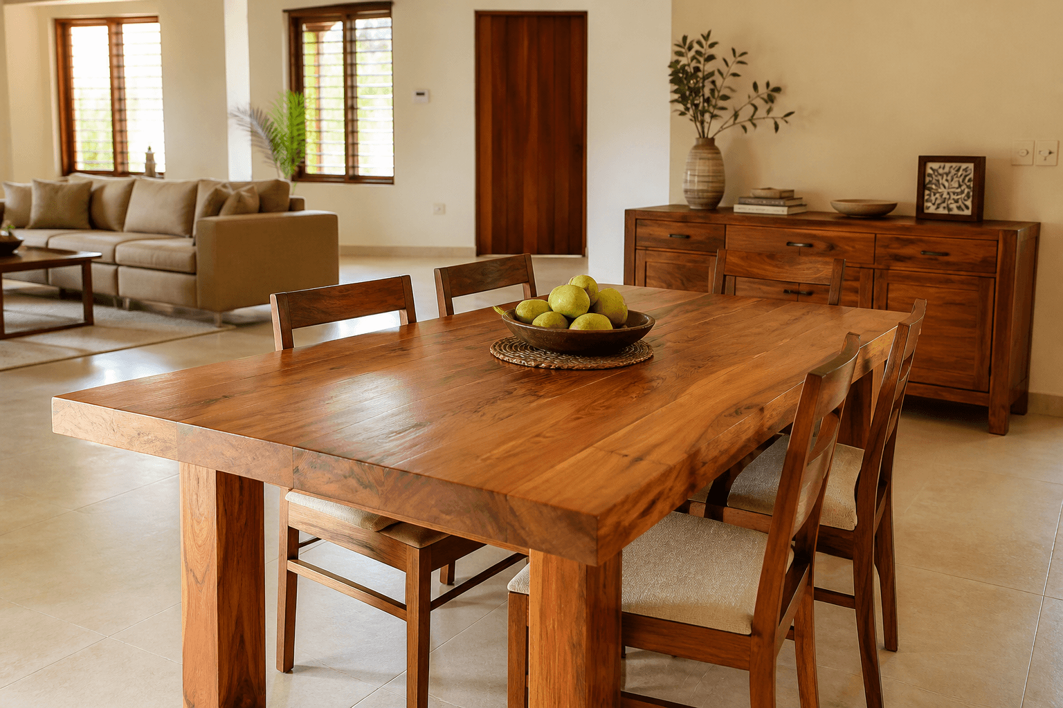 Solid hardwood dining table in a living room