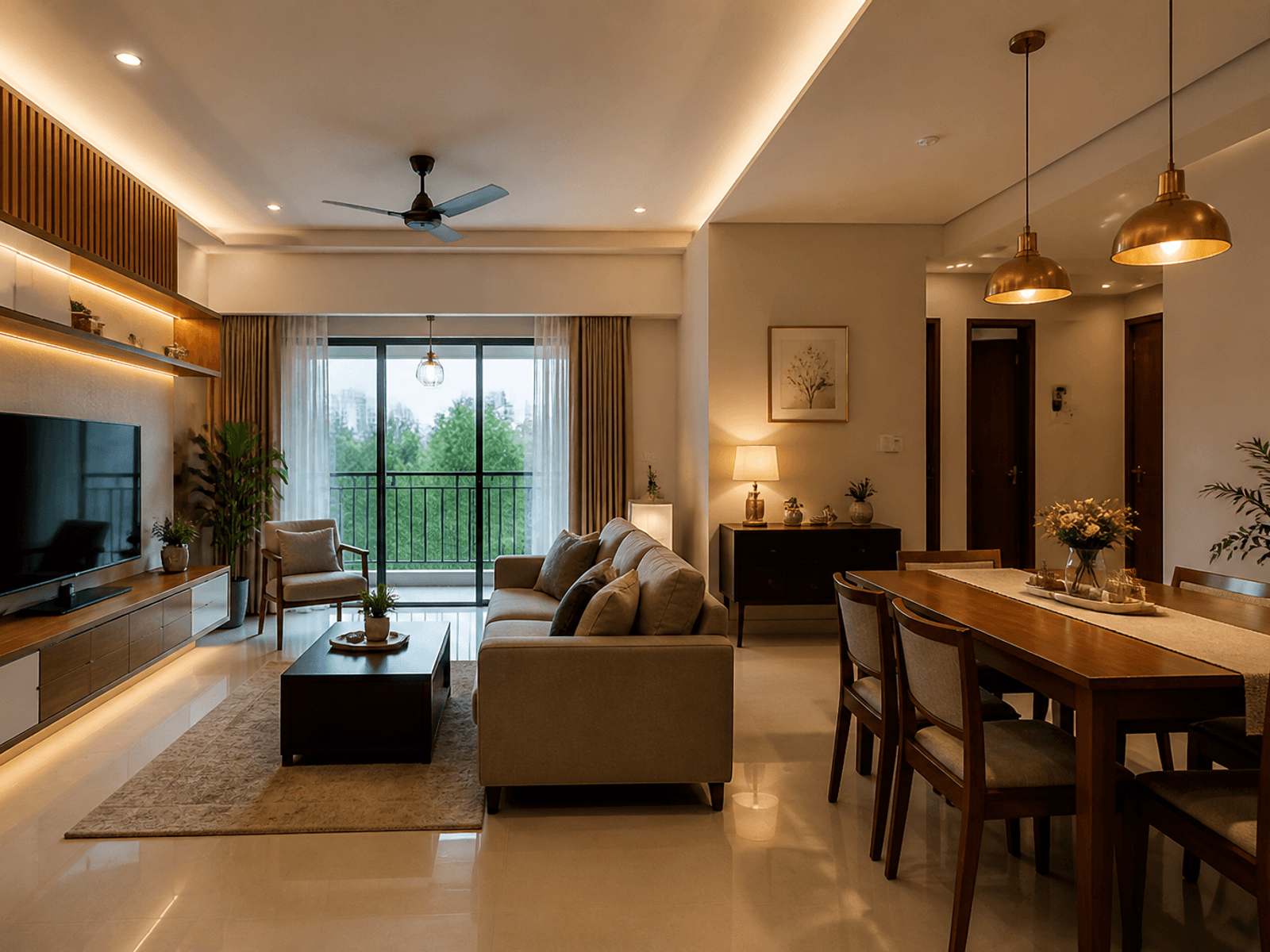 Living room with cove and pendant lighting