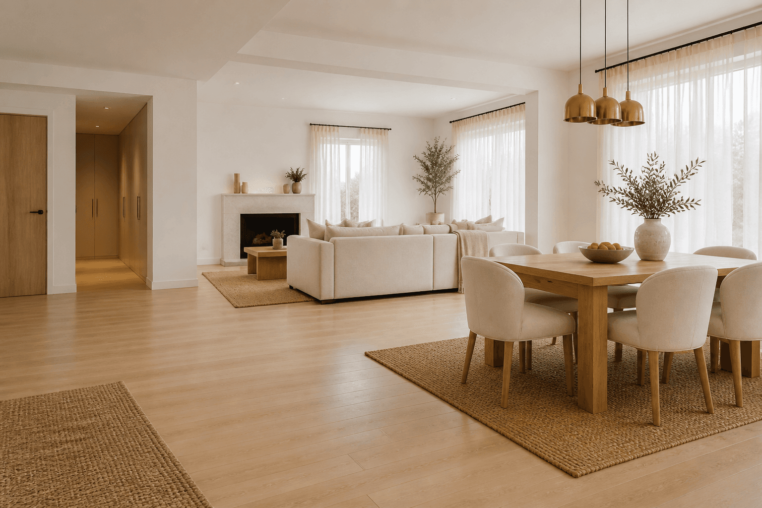 Open-plan living and dining with the table and seating held to the right