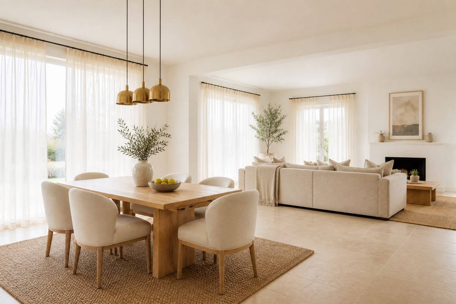Open-plan living and dining with pale oak table, cream chairs, and a linen sofa