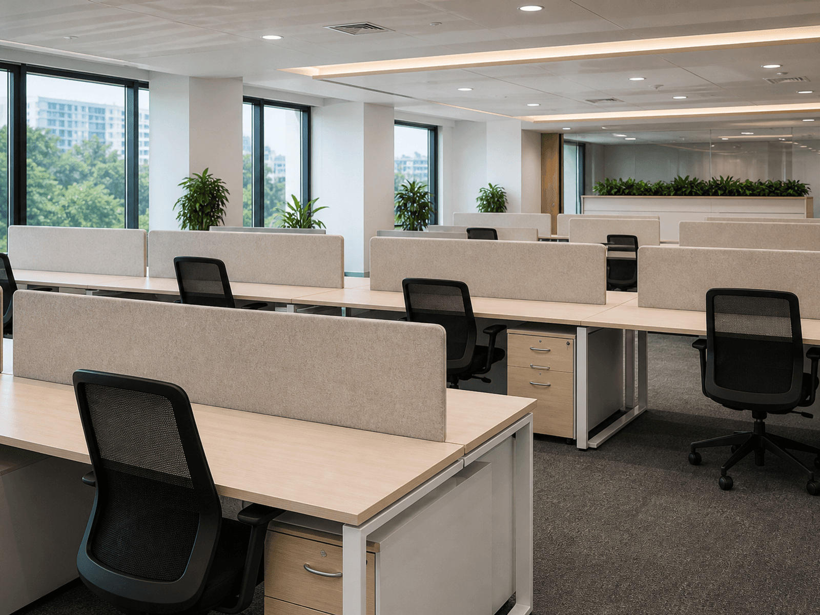 Acoustic fabric screens in an open office