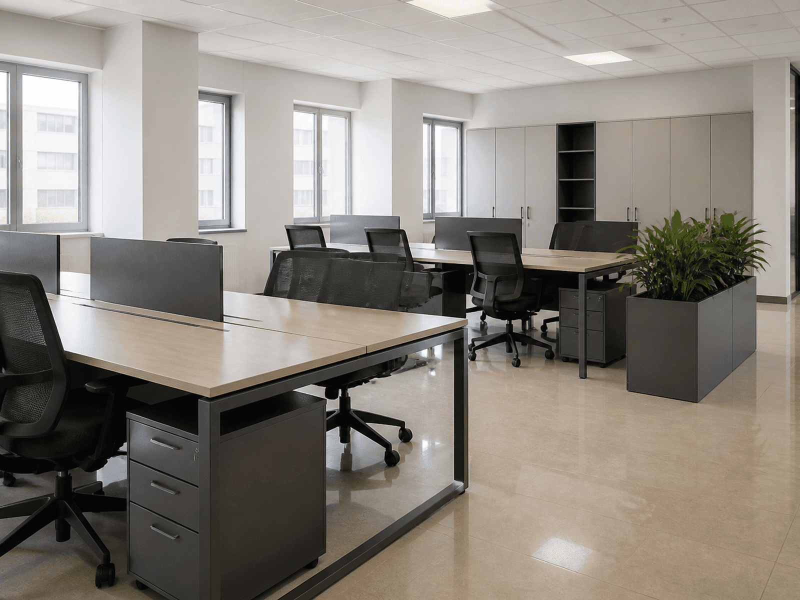 Metal-frame office desks and hardware