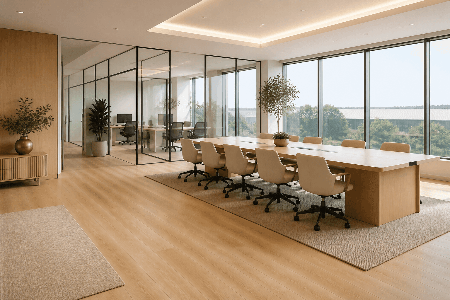 Office meeting room with the table and glass rooms held to the right