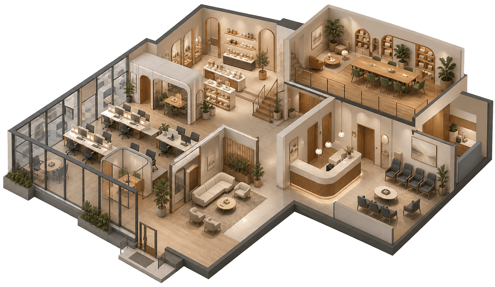 Space Solutions commercial open-building interior with office, clinic, retail, and co-working spaces