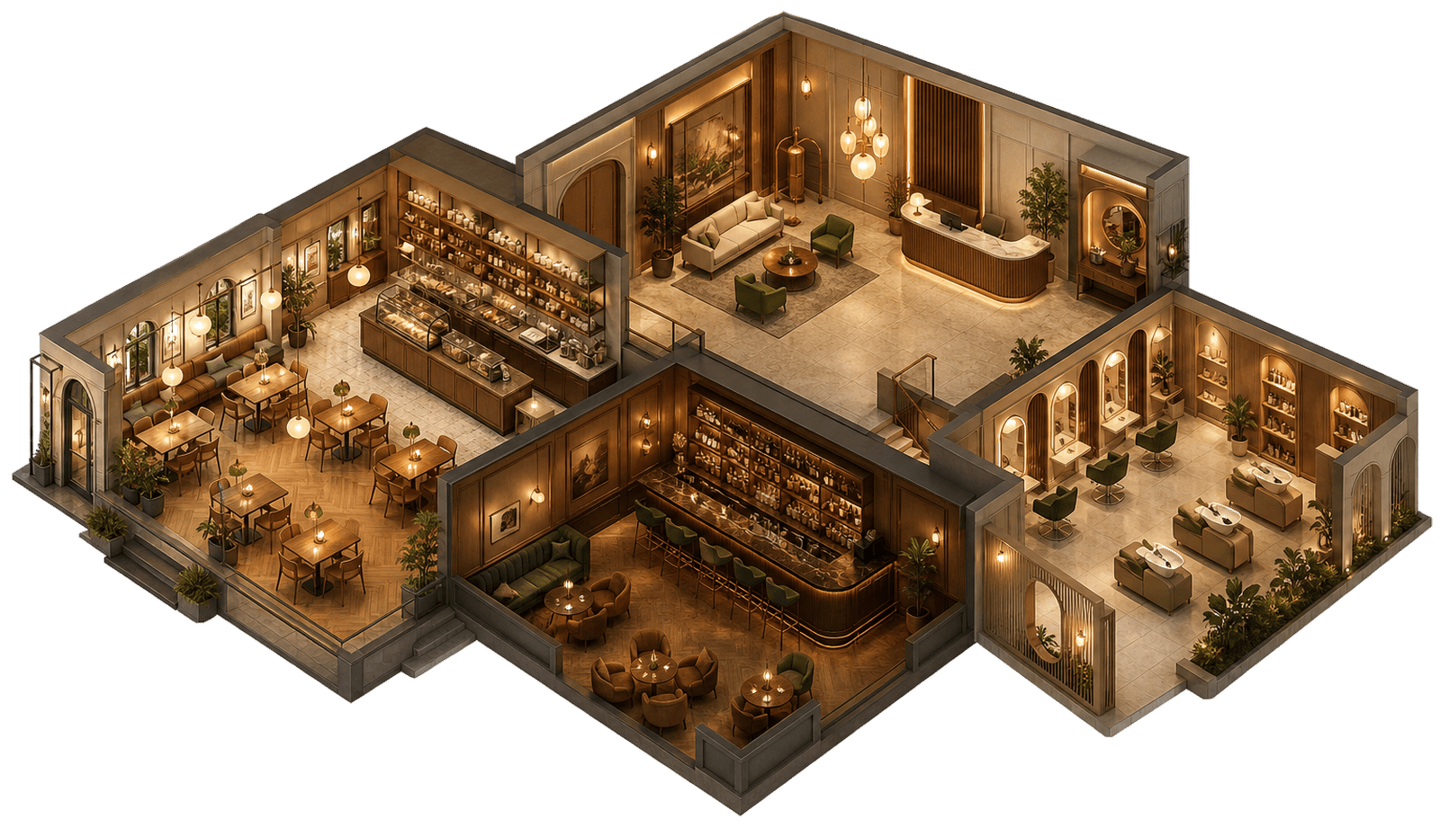 Space Solutions hospitality open-building interior with café, hotel lobby, bar, and salon spaces