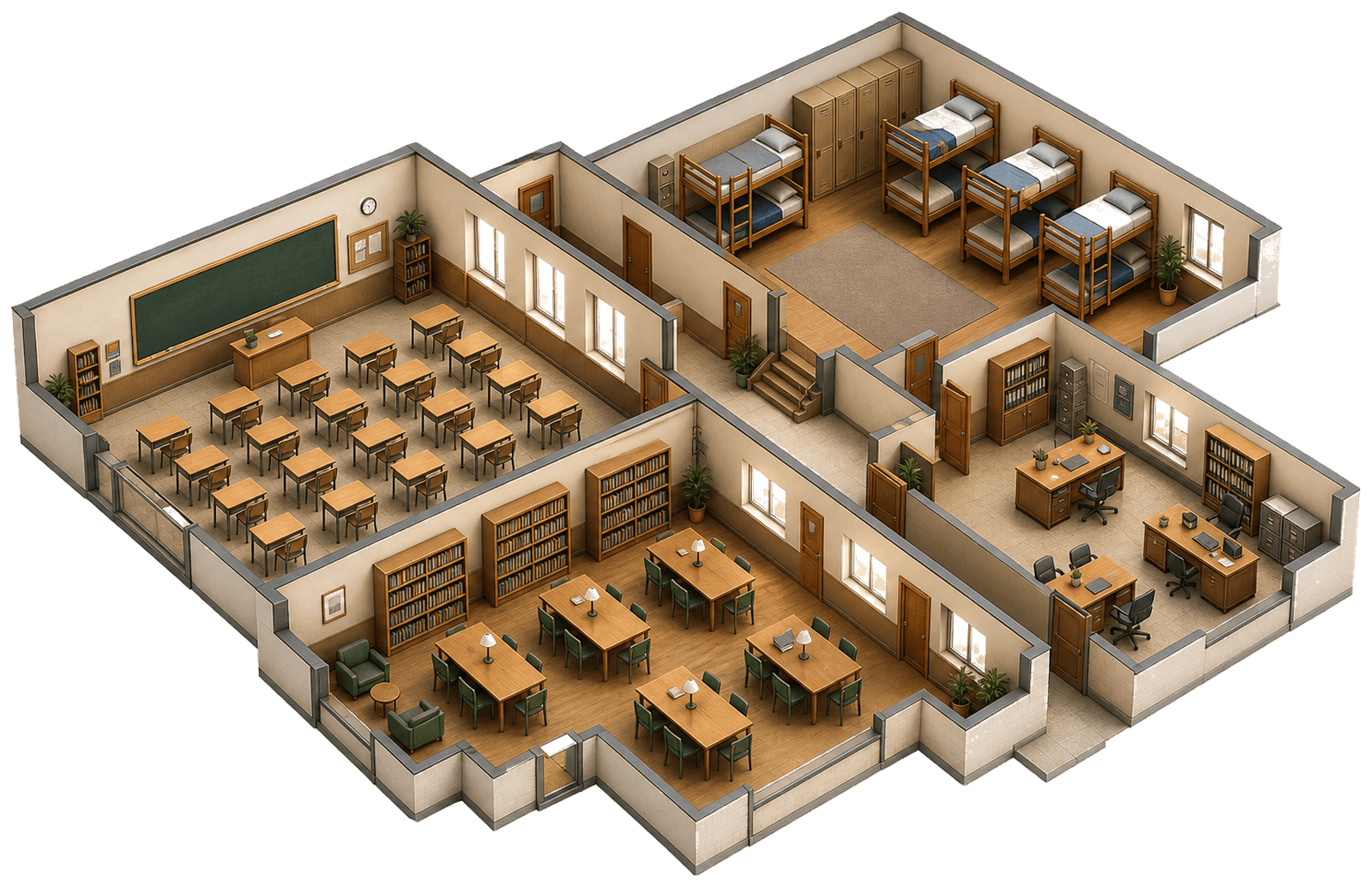 Space Solutions institutional open-building interior with classroom, hostel, library, and admin spaces