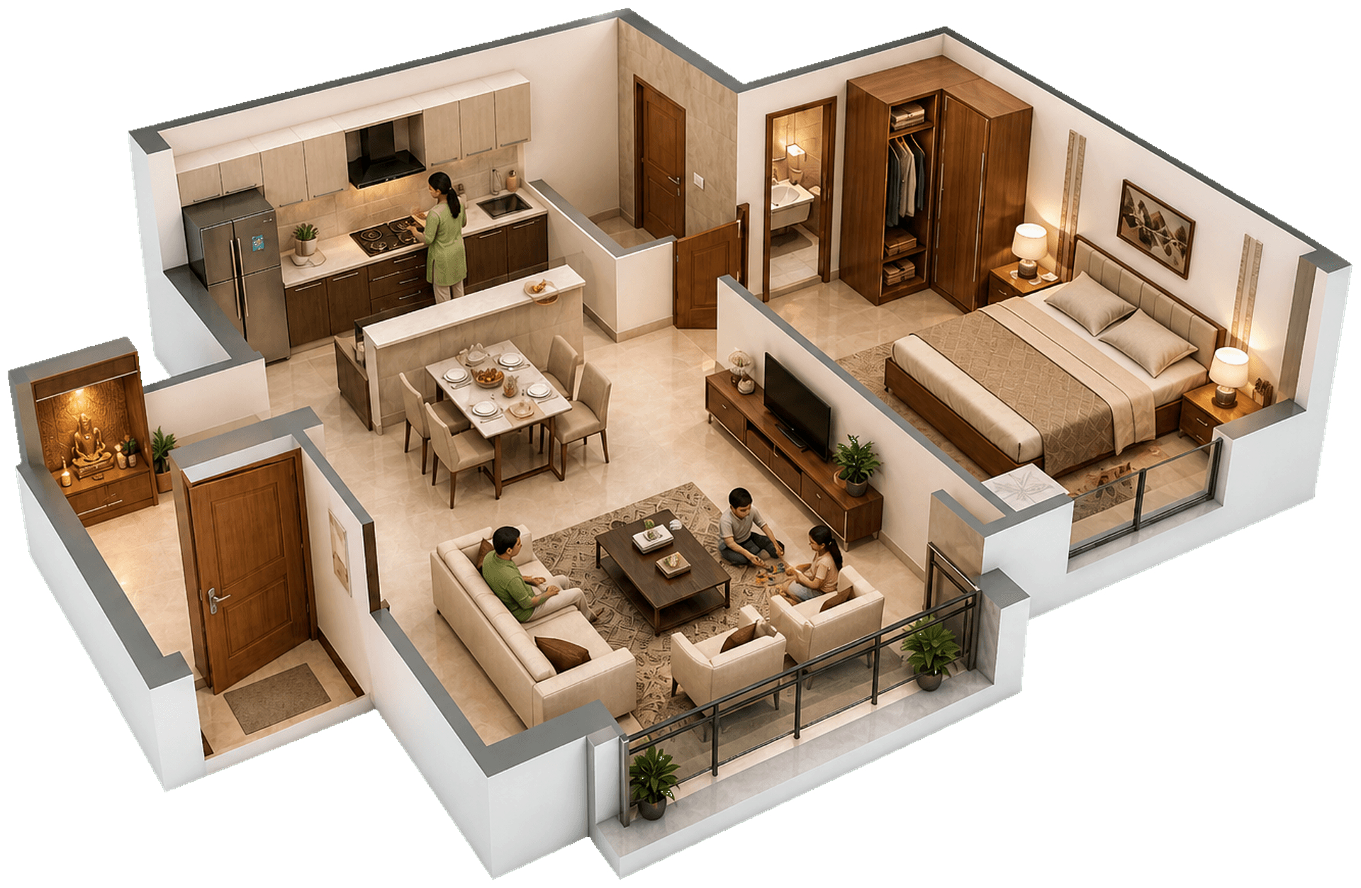 Space Solutions full-home open-house interior with family across kitchen, living, bedroom, wardrobe, and pooja spaces